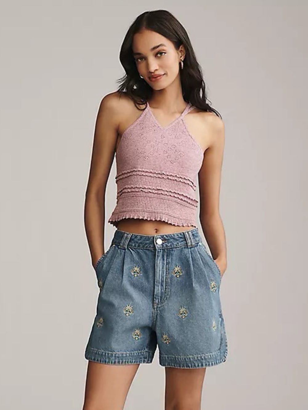 Farm Rio Embroidery palmtree denim short